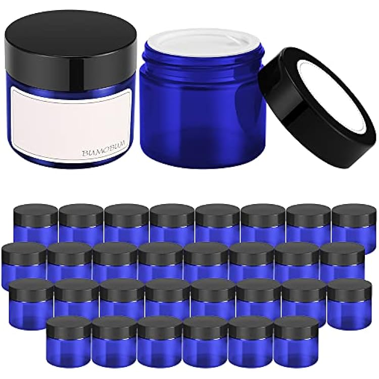 Bumobum 2 oz Glass Jars with Lids, 48 pack Blue Round Small Containers with Black Lids, Blank Labels & Inner Liners, Empty Cosmetic Containers for Sample, Powder, Cream, Lotion