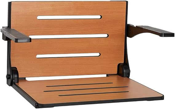 Seachrome Silhouette Comfort Folding Wall Mount Shower Bench Seat with Arms, Teak Seat with Matte Black Frame
