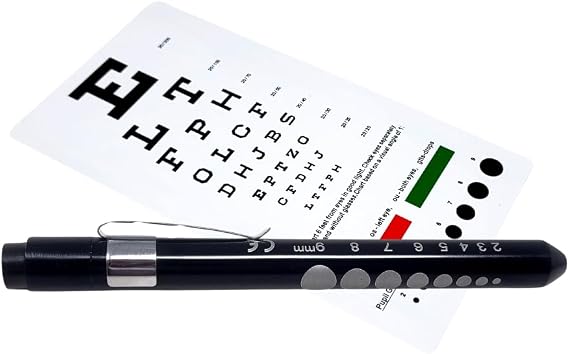 Snellen Pocket Eye Chart with LED Pupil Gauge Diagnostic Penlight For Medical Inspection, Nurses, Students, EMT - 2 Piece Set (Black Color)