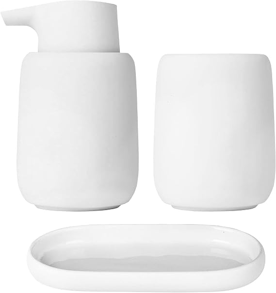 blomus SONO Modern Bathroom Accessory Set - Ceramic Soft Touch Soap Dispenser, Tumbler & Tray Organizer - Moonbeam (Cream)