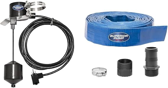 Superior Pump 92010 Vertical Float Switch, Black & 99621 Lay-Flat Discharge Hose Kit, 1-1/2-Inch by 25-foot