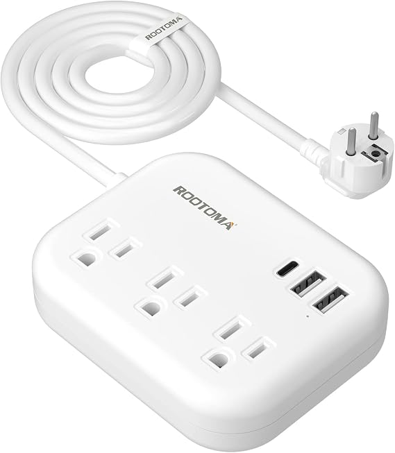 European Travel Plug Adapter with USB C, ROOTOMA Outlet Adapter US to Europe 3 Outlets 3 USB Ports, International Power Strip for EU Spain France Germany Iceland Greece, 3ft, White