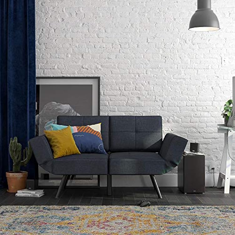 REALROOMS Euro Upholstered Tufted Loveseat Futon with Storage Pockets, Blue Linen