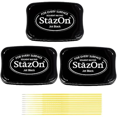 StazOn Multi-Surface Solvent Ink Pad Bundle - 3 Pack StazOn Jet Black Solvent Ink Pads - with Trebbies Fine Detail Sticks