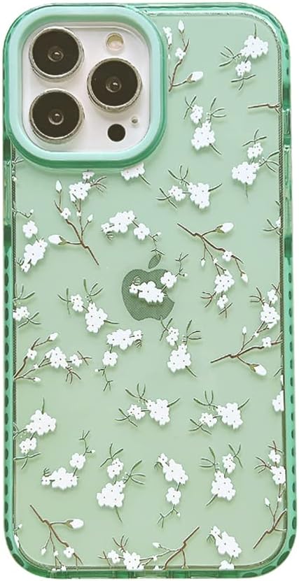 Simple Floral Flowers Mint Green Half Clear Phone Case for iPhone 13 Pro Max 6.7 inch Cute Women Phone Cover Skin Protective for Apple iPhone 13ProMax Cases
