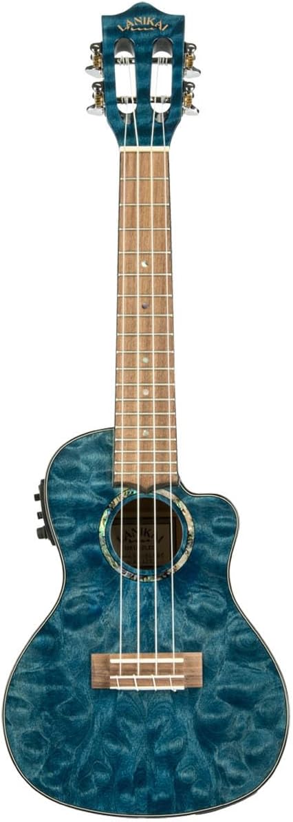 Lanikai QM-BLCEC 4 String Ukulele, Concert Quilted Maple Ukulele with Cutaway & Electronics, Blue Stain