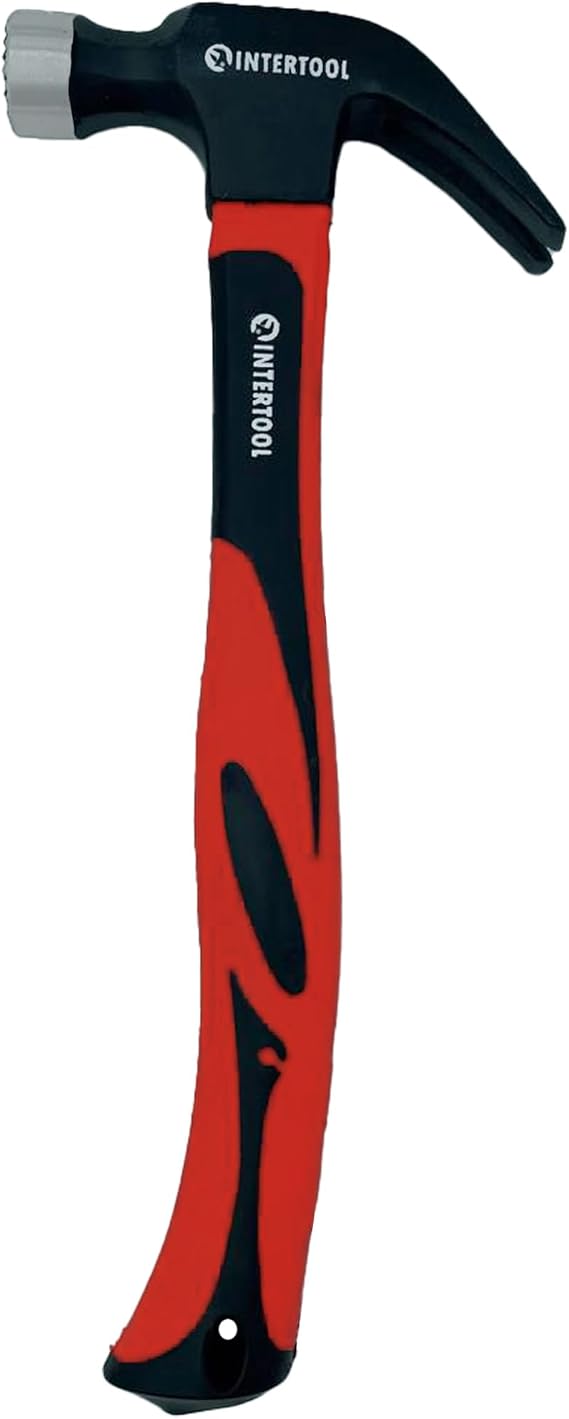 INTERTOOL Claw Hammer 16 oz. / 1 Pound for Framing, Nails, Carpentry - Milled Face and Shock Absorbing Anti-Slip Fiberglass Handle HT-0224