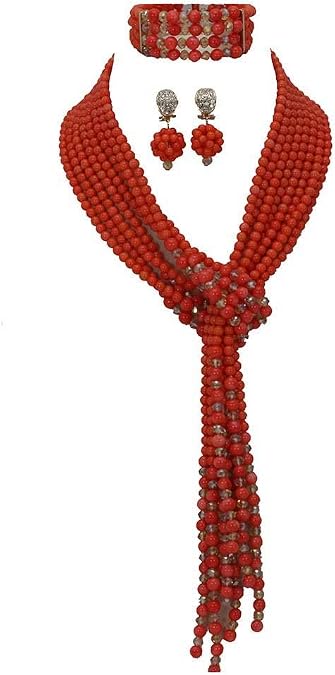 10Rows African Orange Coral Jewelry Set,African Beads Jewelry Set,Coral Beads Necklace Set