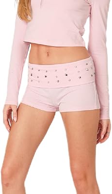 Fernvia Women Low Waist Studded Fold Over Shorts Rivet Shorts Slim Fit Boxer Short Rave Mini Bottoms