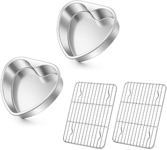 Homikit Heart Cake Pan & Cooling Rack, 6 Inch Stainless Steel Small Heart Shaped Baking Pans with 8.7 * 6.3 Inch Small Stainless Steel Metal Roasting Grilling Cooking Racks