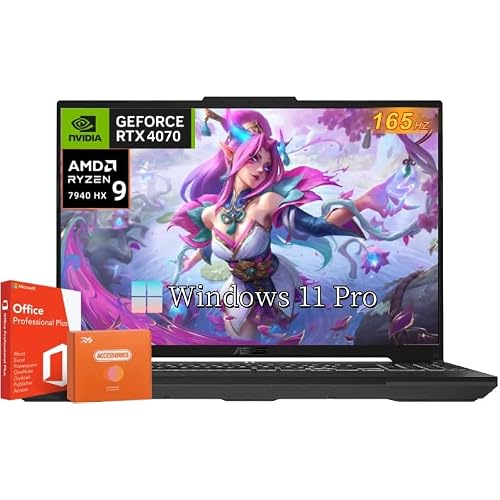 ASUS TUF A16 Gaming Laptop, NVIDIA GeForce RTX 4070, AMD Ryzen 9 7940HX, 64 GB DDR5, 4 TB SSD, 16” QHD 165Hz Display, Wi-Fi 6, Windows 11 Pro & Office Pro Lifetime License, wAccessories