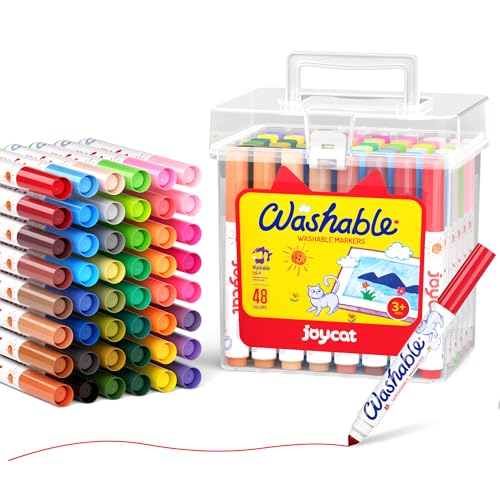 JoyCat 48 Colors Washable Markers for Kids, Art Set with Portable Carrying Case, Conical Tip Bulk Markers for Boys Girls, School Classroom Supplies & Birthday Gift