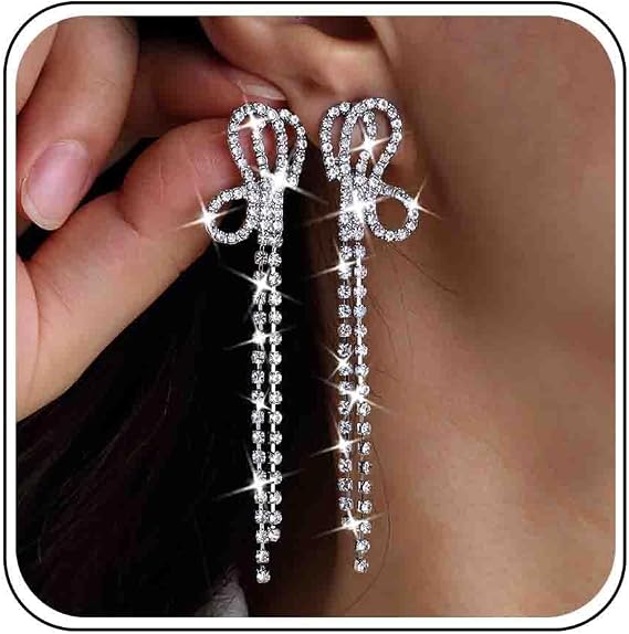 Silver Diamond Bow Tassel Chain Crystal Dangle Wedding Bridal Long Chandelier Statement Earrings for Women Girls
