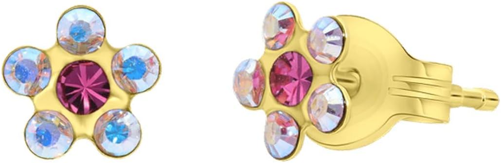STUDEX Tiny Tips Stud Earrings Gold Plated AB and Rose Crystal Daisy Gold Plated Earrings Hypoallergenic for Little Ears