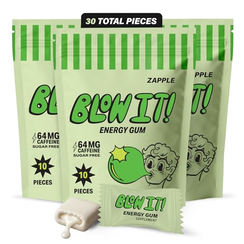 Blow It - Caffeinated Xylitol Gum - Intensified Energy and Focus Boost Effect - Green Coffee Bean Infused Sugar Free Gum - Zapple Flavor - 3-Pack 30 Pieces