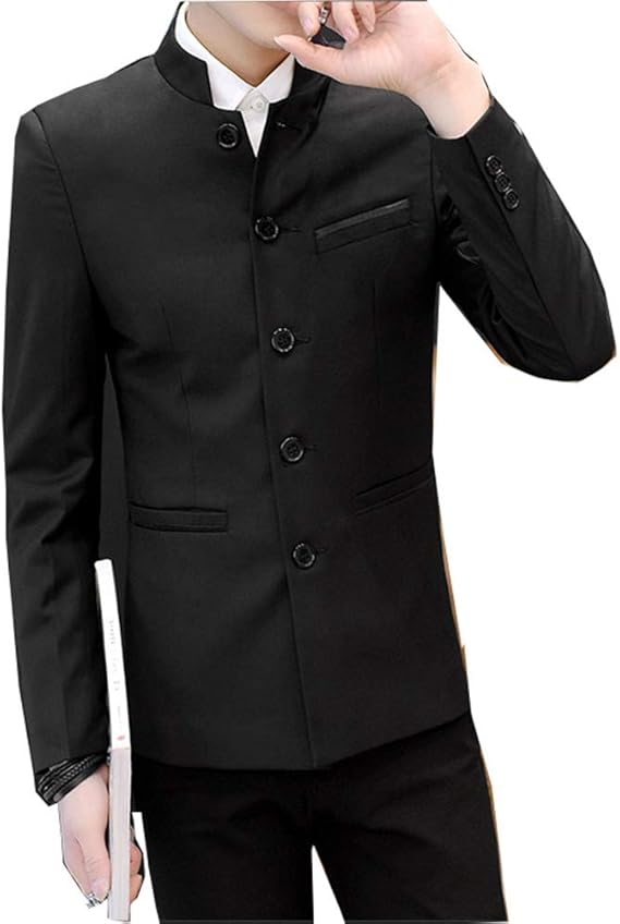 Men's Chinese Tunic Suits Mandarin Collar Formal Jacket Slim Fit Front Button Blazer Traditional Uniform Groom Dress (Black, M)
