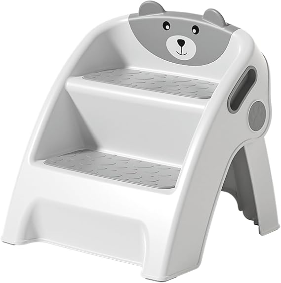 Foldable Step Stool for Bathroom Sink, Adjustable 2 Step Stool for Kids Toilet Potty Training Stool with Handles, Child Kitchen Counter Stool Helper, Plastic Ladder for Toddlers (Gray)