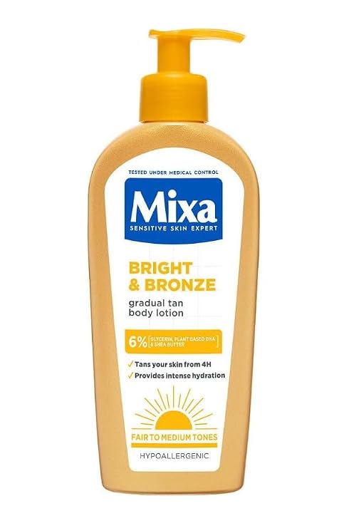 Mixa Bright & Bronze Self Tanning Body Lotion 250 ml (8.45 fl.oz) | Gradual Tanner with Plant-Based DHA, Shea Butter & Vitamin E | Hydrating Bronzing Lotion for Face & Body | Natural Even Glow
