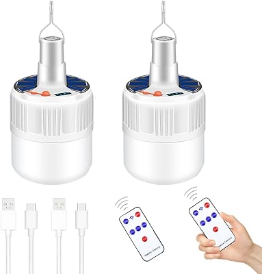 [4000 Mah] Solar Camping Lights Rechargeable Portable Lantern LED Remote Control Tent Lamp Waterproof 5 Mode USB Battery Hanging for Home Indoor Outdoor Hurricane Emergency Power Outage 2 Pack