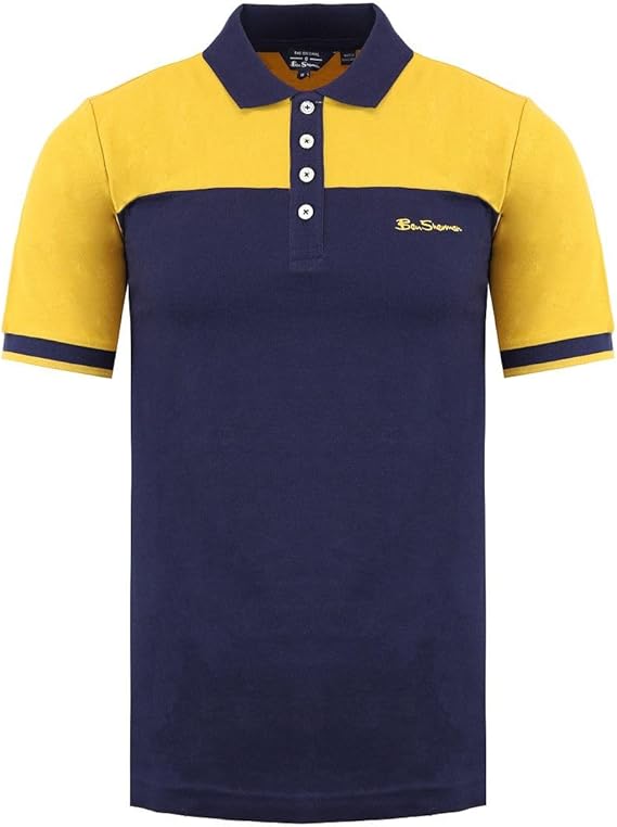 Ben Sherman Short Sleeve Collared Navy Yellow Block Mens Polo Shirt 0074696 054