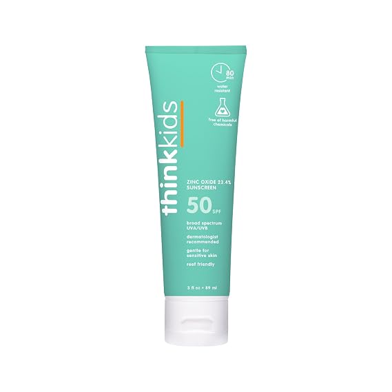 Thinkkids Kids Sunscreen SPF 50+, Mineral Formula, Water Resistant, 3 Fl Oz