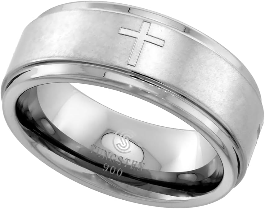 Sabrina Silver Tungsten Carbide 8 mm Flat Wedding Band Ring Satin finish Center Etched Crosses Recessed Edges sizes 7 to 14
