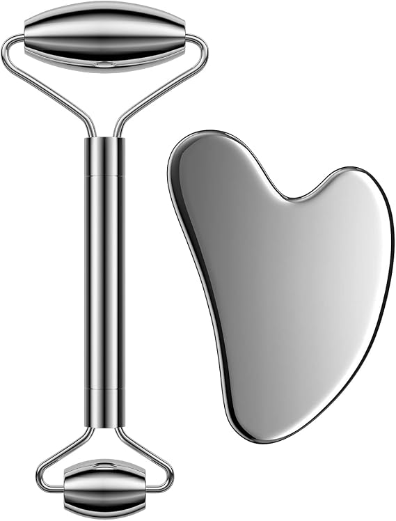 Stainless Steel Face Roller and Gua Sha Tool Set for Facial Microcirculation Removes Toxins Prevents Wrinkles Boost Radiance of Complexion - 100% Authentic Genuine Stainless Steel