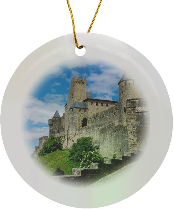 3dRose France, Chateau de Carcassonne. City Walls Circle Porcelain Ornament