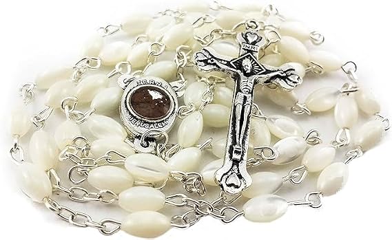 Nazareth Store Natural Pearl Rosary Beads Catholic Necklace Jerusalem Holy Soil Meda and Silverl Cross