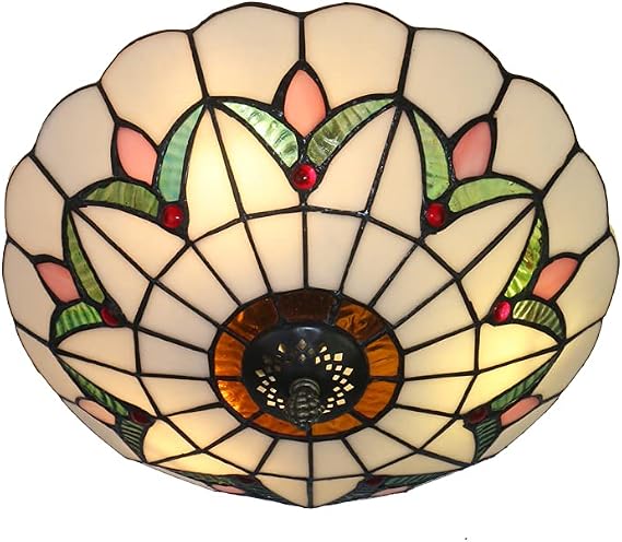 Tiffany Style Stained Glass Ceiling Lamp - 16 Inch White Flush Mount Lighting Fixture [Energy Class A+]