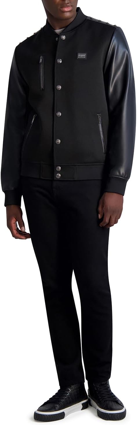 Karl Lagerfeld Paris mens Mixed Media Studded Bomber Jacket