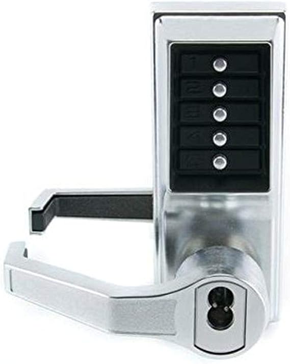 Kaba Simplex L1000 Series Metal Mechanical Pushbutton Cylindrical Lock with Lever, Combination Entry, Key Override and Passage, 13mm Throw Latch, Floating Face Plate, 70mm Backset, I/C Best and Equivalents (6 or 7 Pin Length), Core Not Included, Satin Chrome Finish, Left Hand