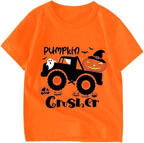 Kids Halloween Shirt Boys Girls Pumpkin Face Ghost Monster Truck Graphic Tees Toddler Halloween Short Sleeve Tops