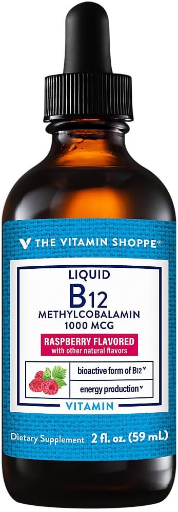 The Vitamin Shoppe Liquid B12 Methylcobalamin 1000 MCG - Energy Production | Raspberry Flavor Drops | 2 oz | Fast Absorption