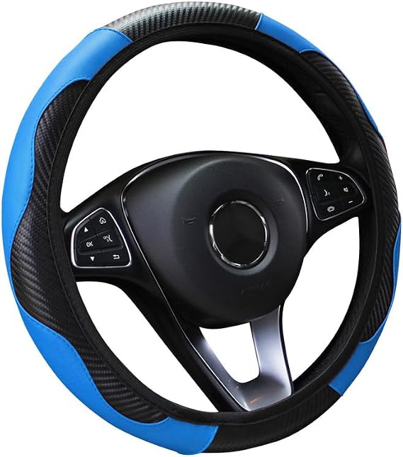 Car Steering Wheel Cover Leather,Anti-slip Breathable Carbon Fiber Sports Elastic Band Without Inner Ring Steering Wheel Cover Universal Size 14.5-15inch for Fit Four Seasons(Black-Blue)