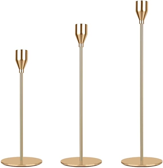 Gold Candle Holders Set of 3, Metal Candlestick Holders, Taper Candles Stand Holder, Elegant Candle Sticks Holder for Candlelight Dinner, Christmas Party Decoration