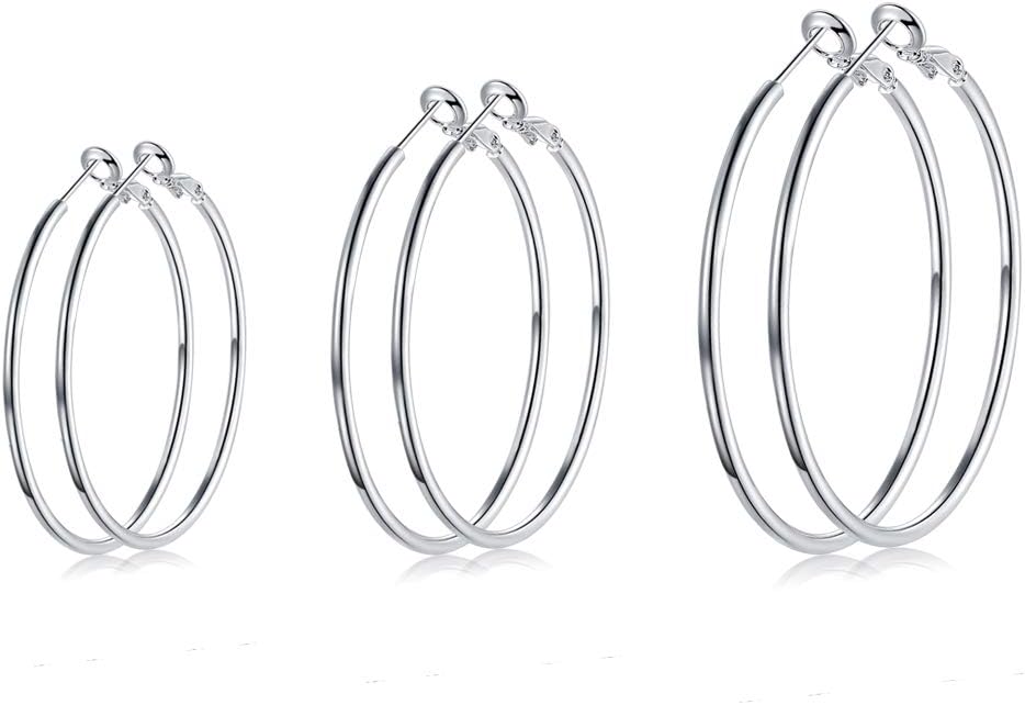 Sterling Silver Hoop Earrings for Women, 3 Pairs Hypoallergenic Lightweught Large Big Hoop Earrings Set (40MM 50MM 60MM)