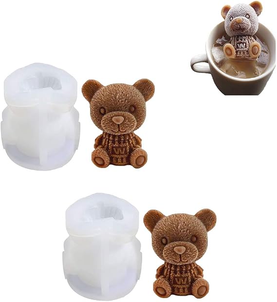 2 Pack Ice Bear Mold 3D Bear Shape Ice Cube Trays, DIY Drink Decoration to Make Lovely Ice Coffee, Milk Tea, Juice, Cocktails, Reusable Silicone Molds for Craft Candy Chocolate Soap Candle