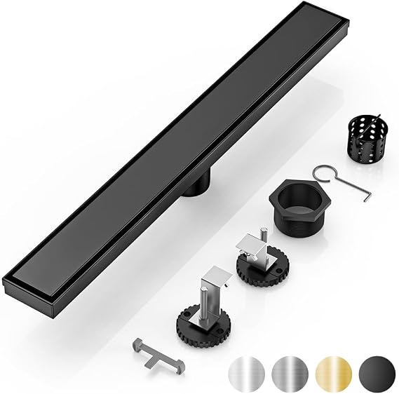 DLONE Linear Shower Drain | 36 Inch 304 Stainless Steel Shower Drain, Shower Drain with 2-in-1 Tile Insert Panel with Adjustable Feet, Floor Drain in Bathroom, Kitchen, Garage etc (Matte Black)