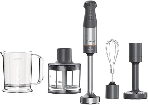 Kenwood Triblade XL Hand Blender, Mixer with Anti-Splash, Chopper 500ml, Metal Whisk and Masher Attachment and BPA-Free Plastic Beaker, HBM60.307GY, Dishwasher Safe, 1000W, Grey