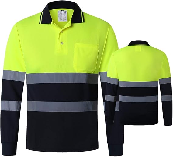 ANSI Class 2 Hi Vis Shirts Yellow Navy Long Sleeve Reflective Polo Shirt Safety Work Shirt for Construction Men and Women