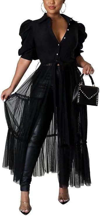Ekaliy Womens Casual Mesh See Through Shirts Long Dresses with Belt V Neck Button Down Club Party Outfit