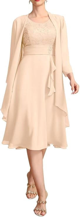 Mother of The Bride Dresses for Wedding 2 Piece Chiffon Lace Long Sleeve Formal Evening Gowns with Jacket