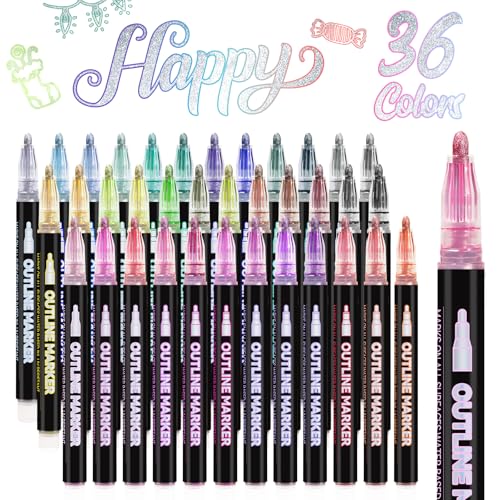 Outline Markers Pens 36 Colors, Shimmer Double Line Outline Markers Glitter Markers Set for Christmas Greeting Card Making,Drawing and Art Supply