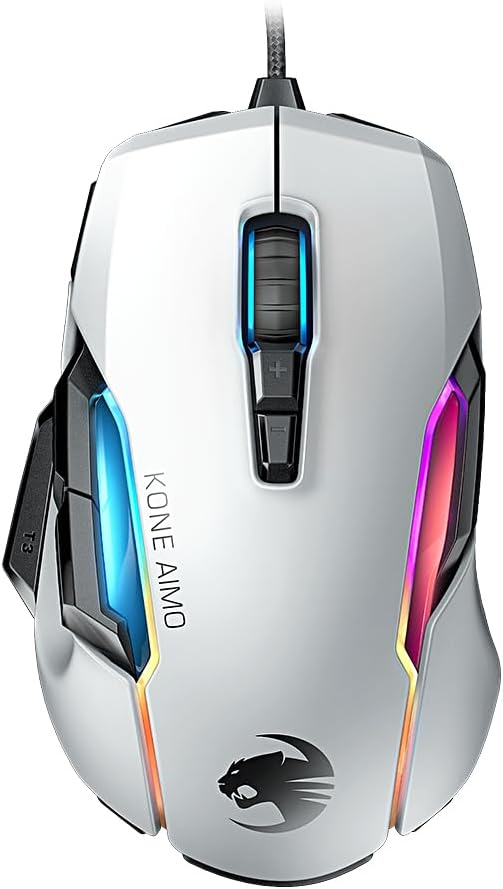 ROCCAT Kone AIMO Remastered Wired Gaming Mouse, Braided, White/White, Optical/16K, Multi-Buttons/4.6 oz 130 g, MMO, RGB, Windows 7 or later
