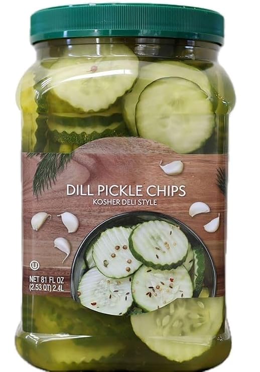 Dill Pickle Chips with every bite. These pickle chips are expertly seasoned with dill and garlic, making them the perfect addition to your charcuterie boards and lunches. They also serve as a bold snack that you can enjoy at any time of the day. [ 80 oz , 5 lb ]