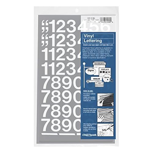 Chartpak Self-Adhesive Vinyl Numbers, 1 Inch High, White, 44 per Pack 01136