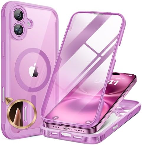 Miracase for iPhone 16 Case 6.1, [Bubble Free] Full-Body Bumper Phone case with Built-in Full Glass Screen &Camera Control,No Gap,Compatible with MagSafe,Drop Proof 16 Cover,Pink