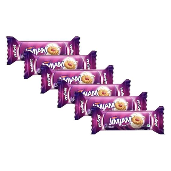 Britannia Treat Naughty Jim Jam Sandwich Biscuits 3.24oz (92g) - Pack of 6 - Breakfast & Tea Time Snacks - Delicious Grocery Cookies