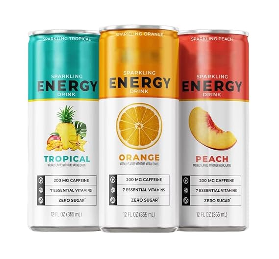 Sparkling Energy Drink Variety Pack 12 fl oz (Pack of 24) Tropical, Orange, Peach - 200mg Caffeine & 7 Essential Vitamins No Artificial Dyes, Non-GMO Kosher Healthy Energy Cans